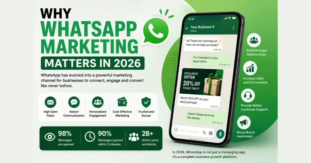 Consumers today expect fast and convenient communication. WhatsApp offers several advantages: * Instant communication * High open rates * Personalized interactions * Multimedia support * Global reach * Cost-effective marketing Customers are more likely to respond to a WhatsApp message than an email or traditional advertisement.For businesses, this creates an opportunity to engage customers directly and meaningfully.